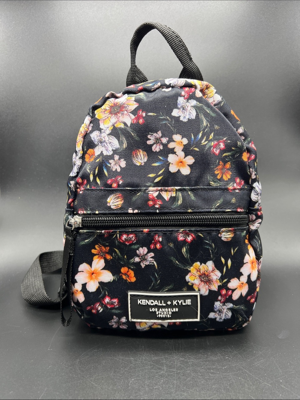 Kendall + Kylie Mini Backpack Black Floral Small Nylon Zip Bag